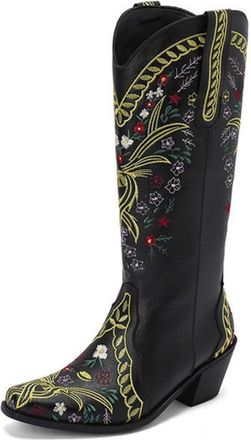 Generic Womens Pull on Knee High Boots Square Toe PU Leather Western Boots Chunky Heel Long Boot with Embroidery Stitched,Black,8.5 UK