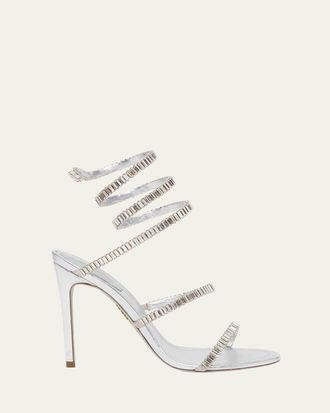 Rene Caovilla Metallic Leather Strass Snake Ankle Wrap Sandals