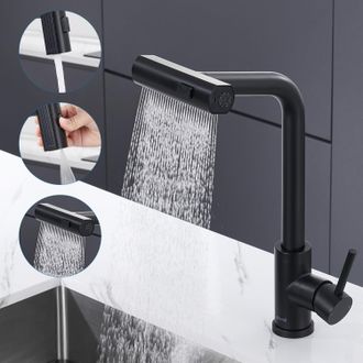OEM Grifo De Cocina Tipo Cascada Negro, Grifo Mezclador De Cocina Con Rociador Extra&iacute;ble Y 3 Ajustes De Caudal, Grifo De Fregadero Retr&aacute;ctil Giratorio De 