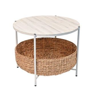 Happimess Carly 24.21 Modern Coastal Round Acacia Wood/Water Hyacinth Coffee Table with Storage Basket in White at Nordstrom