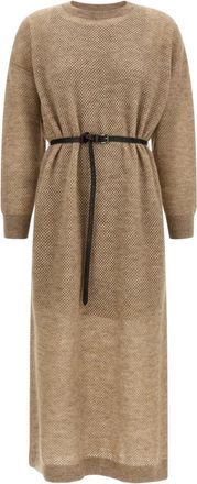 Brunello Cucinelli Beige Crew Neck Midi Dress