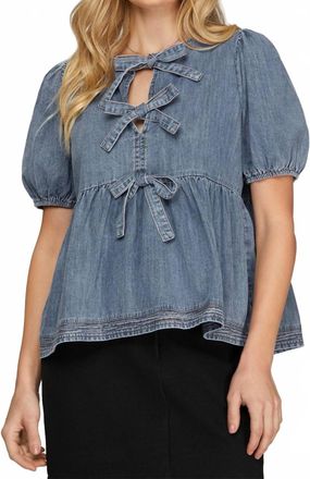 She + Sky Short Puff Sleeve Denim Blouse With Front Bow Tie In Blue