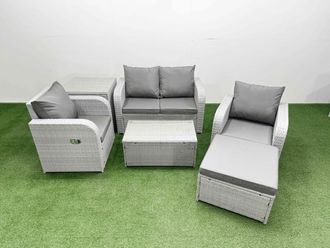 Fimous Light Grey PE Wicker Rattan Garden Furniture Set Sofa Set Reclining Adjustable Chair Rectangular Coffee Table 5 Seater w/ Footstool Side Table