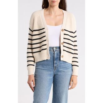 Elie Tahari Stripe V-Neck Cotton Cardigan in Cream/Black at Nordstrom Rack, Size X-Large