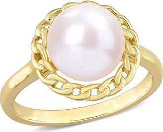 Amour 9-9.5mm Cultured Freshwater Pearl Halo Link Ring In Yellow Plated Sterling Silver