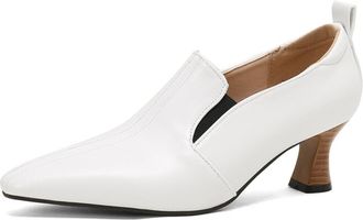 Generic Womens PU Leather Slip On Pumps Pointed Square Toe Elastic Panel Wooden Detail Heel Non Slip Durable Comfortable Daily Casual Shoes,White,3.5 UK