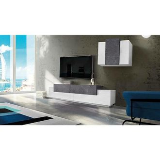 Dmora Dmora Sistema modular de pared para salón, Made in Italy, mueble para TV y mueble suspendido, 280x45h180 cm, blanco brillante y gris ceniza, con
