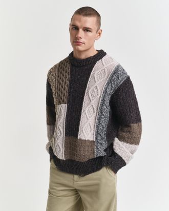 GANT Men Patchwork Crew Neck Sweater (S-M) DARK BROWN MELANGE