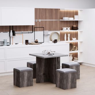 HOMCOM 5 PC Dining Set Wooden Space saving Storage Cushioned Ottoman Seats in Grey