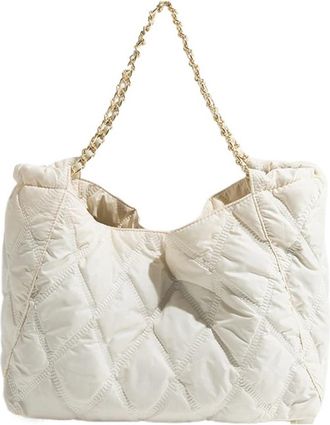 Generic Compatible For Casual Women Shoulder Bags Chains Padded Lady Handbags Large Capacity Tote Bag Big Puffy(Beige)
