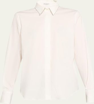 Brunello Cucinelli Monili-Trim Cotton Poplin Button-Down Shirt