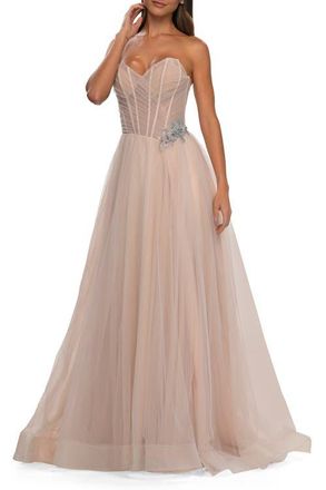 La Femme Strapless A-line Tulle Dress with Floral Waist Detail in Blush at Nordstrom, Size 00
