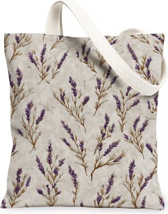 Generic Lavender Floral Canvas Tote Bags, Plant Pattern Reusable Grocery Bags, Spring Lightweight Washable Shoulder Strap for Trave, Violet, 13x15 Inch