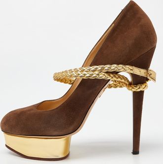 Charlotte Olympia Brown/gold Suede Dolly Platform Pumps