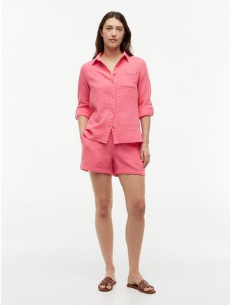 Tommy Hilfiger Womens Crinkle Gauze Pull-On Short - Garden Rose - XXL