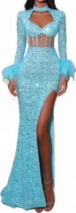 Portia & Scarlett Corset Cutout Sequin Evening Gown In Aqua