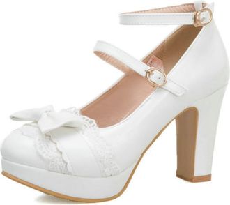 Generic Womens Lolita Style Round-Toe Block Heel Mary Jane Shoes - Double Ankle Strap Lace Bow Pumps,White,1.5 UK
