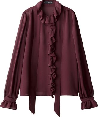 Mango Ruffle Front Button Top in Burgundy at Nordstrom, Size 0