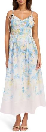 En Saison Vivian Tie Straps Midi Dress in Ivory Blue Yellow at Nordstrom, Size X-Small