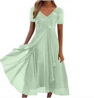 Generic Evening Dresses for Women UK Sale Clearance Sexy Lace V-Neck Midi Dress Chiffon Mesh Evening Gowns High Waist Short Sleeve Prom Dress Elegant Wedding 