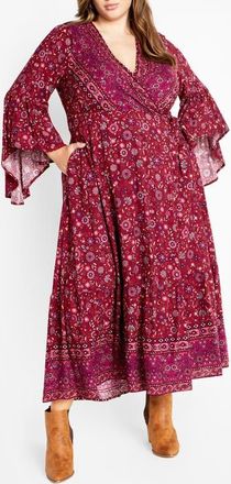 City Chic Adhara Mixed Print Long Sleeve Maxi Dress in Red at Nordstrom, Size Xxl