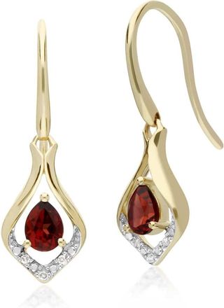 Gemondo Classic Pear Garnet & Diamond Leaf Halo Drop Earrings in 9ct Yellow Gold