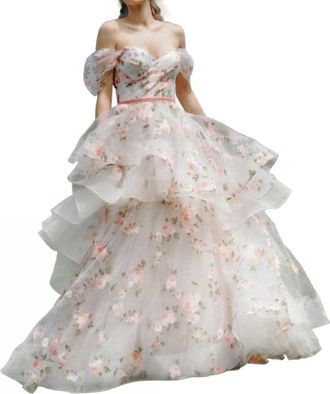 Watters Rosabel Layered Skirt Floral Print Wedding Gown In Blush