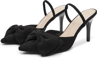 Camssoo Womens Bow Heels Slingback Pumps Suede Closed Pointed Toe Kitten Heel Mules with Strap Stiletto Slip On Dress Shoes, Black Suede, 5.5 UK