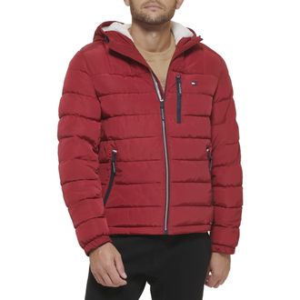 Tommy Hilfiger Mens Midweight Sherpa Lined Hooded Water Resistant Puffer Jacket Coat, Red Tech, XL