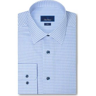 David Donahue Slim Fit Shadow Check Stretch Cotton Twill Dress Shirt in Blue at Nordstrom, Size 15.5