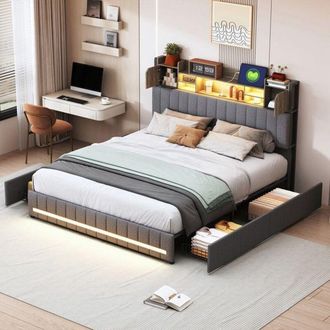 OEM Cama Doble 140x190 - Cofre Con Cajones - Tela De Lino Gris - Iluminaci&oacute;n Led - Carga Usb