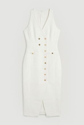 Karen Millen Womens Textured Compact Stretch V Neck Button Detail Midi Dress - White - Size 14 UK