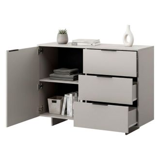 Dmora Aparador Rubiera, Aparador De Sal&oacute;n Con Una Puerta Abatible Y Tres Cajones, Elevado Del Suelo, 120x42 H90 Cm, Beige