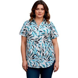 Roaman's Plus Size Kate Short Sleeve Easy Cotton-Blend Button-Front Shirt in Deep Turquoise Tossed Leaves at Nordstrom, Size 14