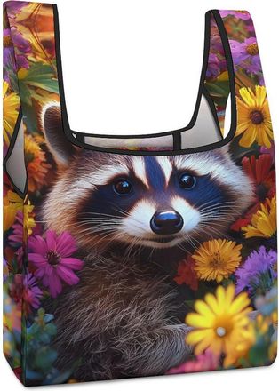 Generic Raccoon Flower Shopping Bag Reusable Grocery Tote Bag Foldable Handbag for Travel Picnic