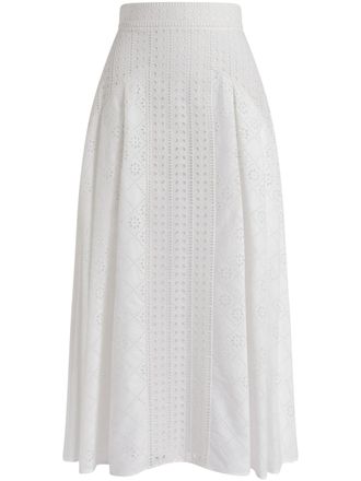 Alberta Ferretti Eyelet Embroidered White Midi Skirt with High Waistband