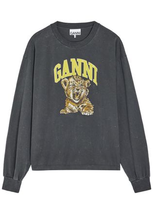 Ganni Printed Long-sleeve Cotton T-shirt - Black - XL (UK16 / XL)