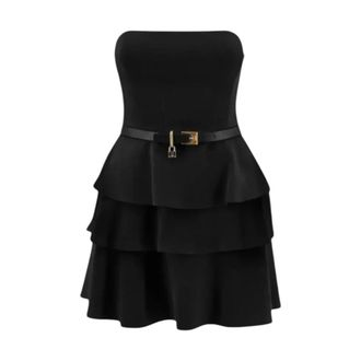 Elisabetta Franchi Vestido Corto Escalonado con Cintur&oacute;n - Dresses - Mujer - Negro - XS