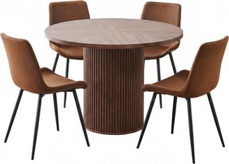 Urban Meuble Mesa de comedor redonda efecto madera y 4 sillas de tela marr&oacute;n