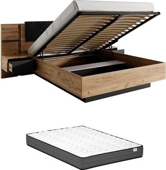 Vente-Unique Canap&eacute; abatible con mesitas de noche 140 x 190 cm - Con LEDs - Color: Natural y antracita + Colch&oacute;n - ELYNIA