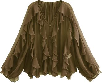 Generic Elegant Tops for Women UK V Neck Button Down Blouses Cute Mesh Double Ruffle Front Shirts Solid Puff Long Sleeve Dressy Tops Pullover Evening Party Go