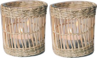 OEM Lot 2 Bougeoirs Osier Naturel Tiss&eacute; Main Verre Votif Rustique Table