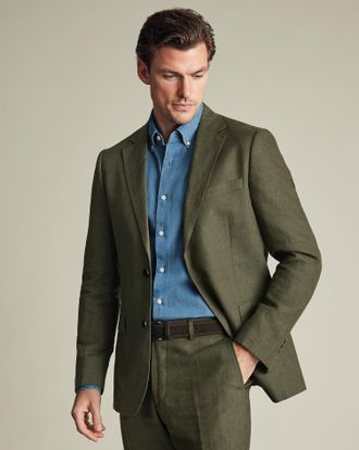 CHARLES TYRWHITT Linen Jacket - Olive Green Size 38S by Charles Tyrwhitt
