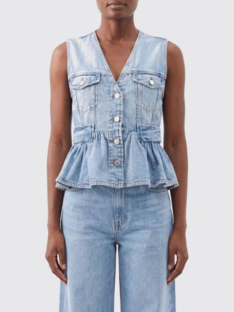 Ganni Top slim fit in denim di cotone con scollo a V e balze