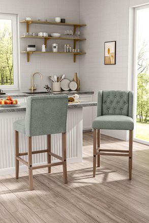 Living and Home Set of 2 Bar Stools Linen Upholstered Button Tufted Dining Chair with Wood Legs in Light Grey