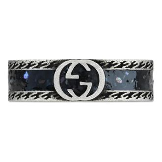 Gucci Rings, female, Gray, Size: 64 MM Ring in sterling silver and green enamel with Interlocking G detail