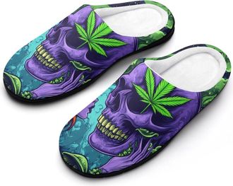 Generic Weed Leaf Purple Skull Bone Slippers Men Winter Warm Cotton Anti-Slip Indoor Slip-Ons House Shoes