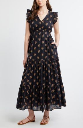 Treasure & Bond Floral Print Cotton Midi Dress in Black- Pink Boquet at Nordstrom, Size Xx-Large