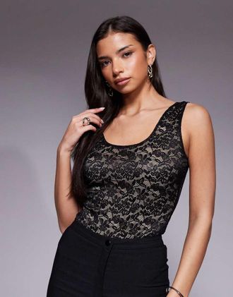 Good American Body nero in pizzo elasticizzato con scollo rotondo