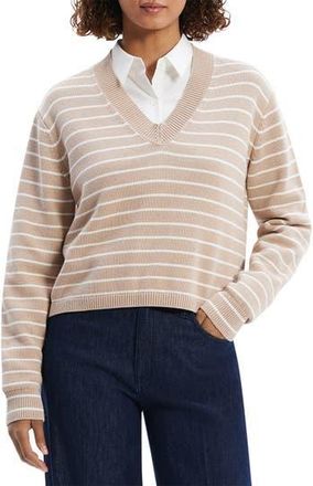 Theory Waverly Stripe Cotton V-Neck Crop Sweater in Light Camel/White at Nordstrom Rack, Size Medium